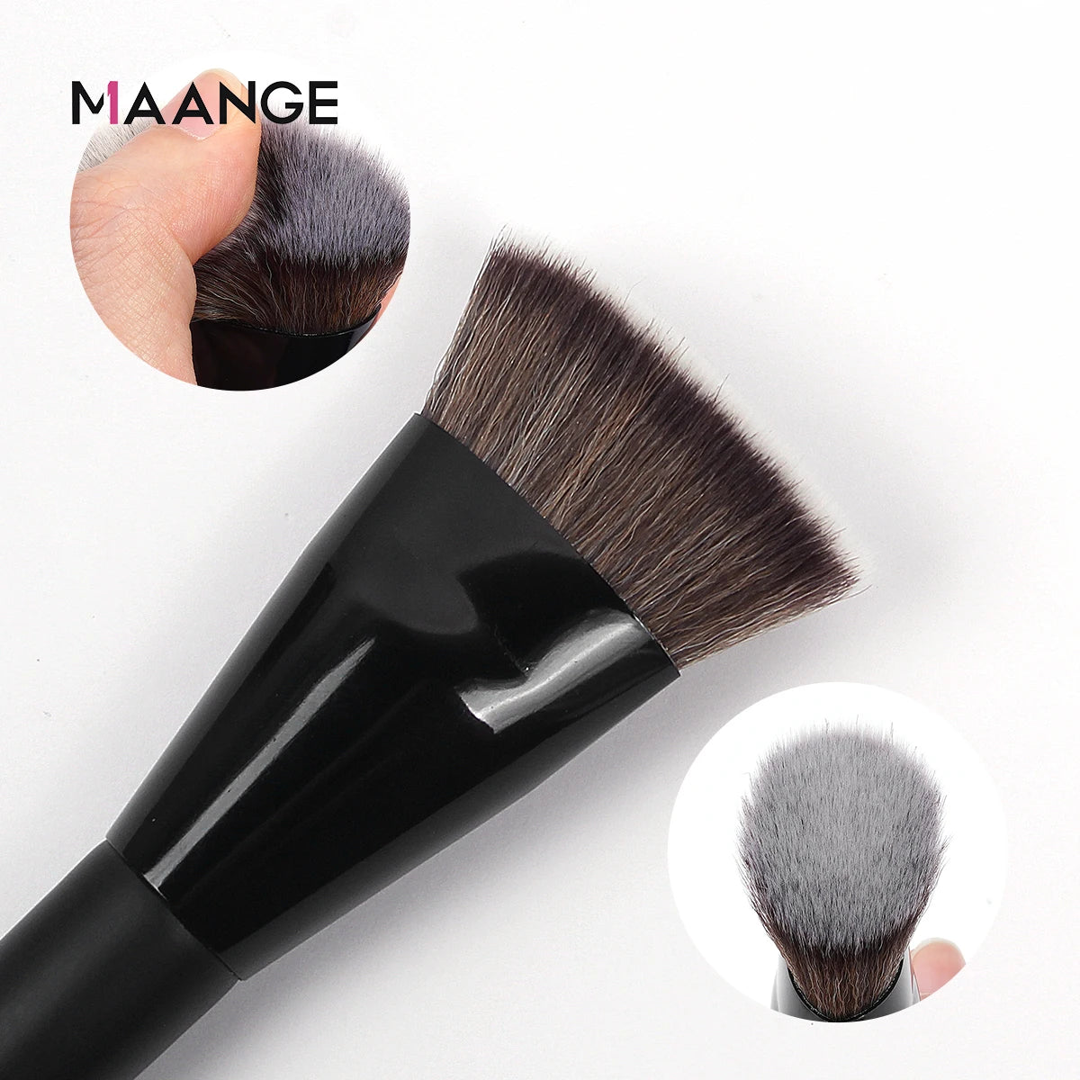 A black professional flat kabuki foundation brush with dark bristles shown next to a close-up of the brush head.