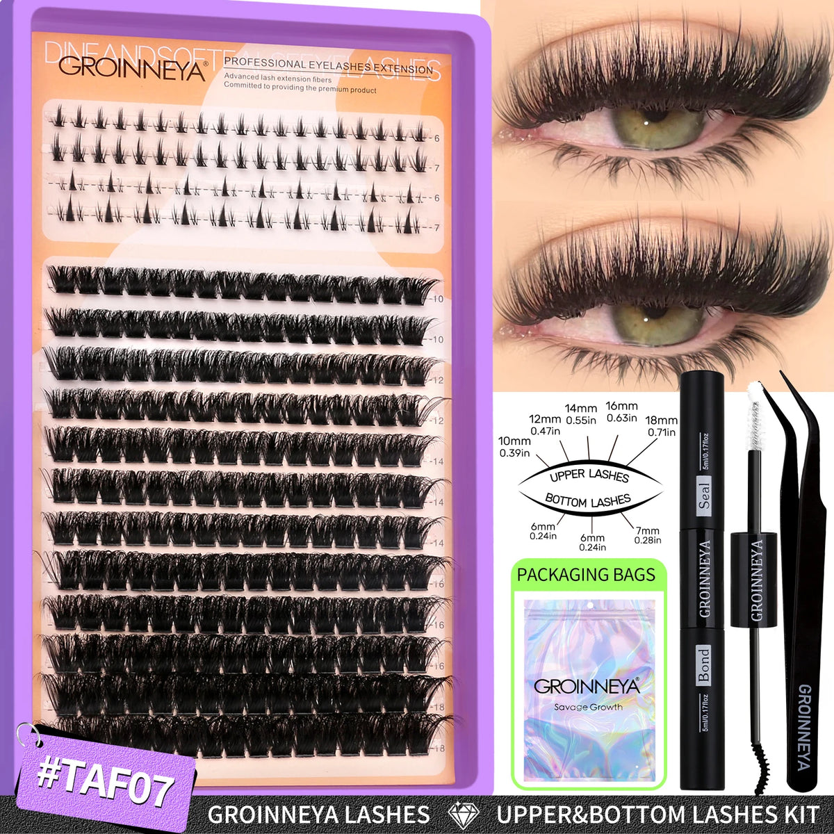 Goinneya lashes kit showing various lash styles and packaging bags for upper and bottom lashes