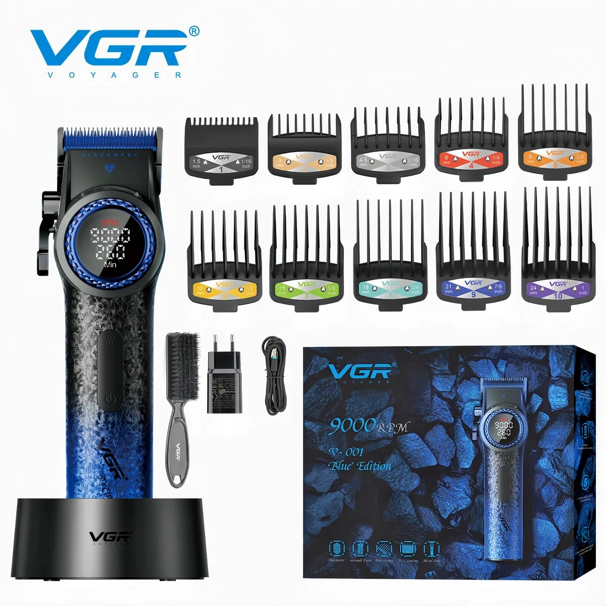 VGR 9000RM professional rotary hair trimmer with multiple adjustable blades and accessories