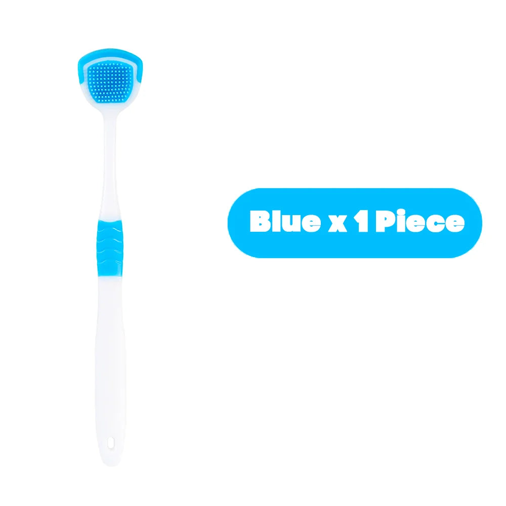 Raspador de lengua de silicona azul para higiene bucal, mostrado como una sola pieza.