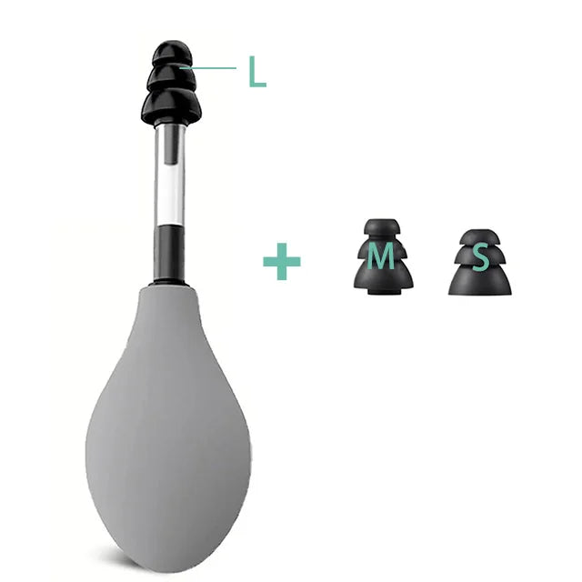 A portable ear pressure relief tool shown with its components labeled L, M, and S.
