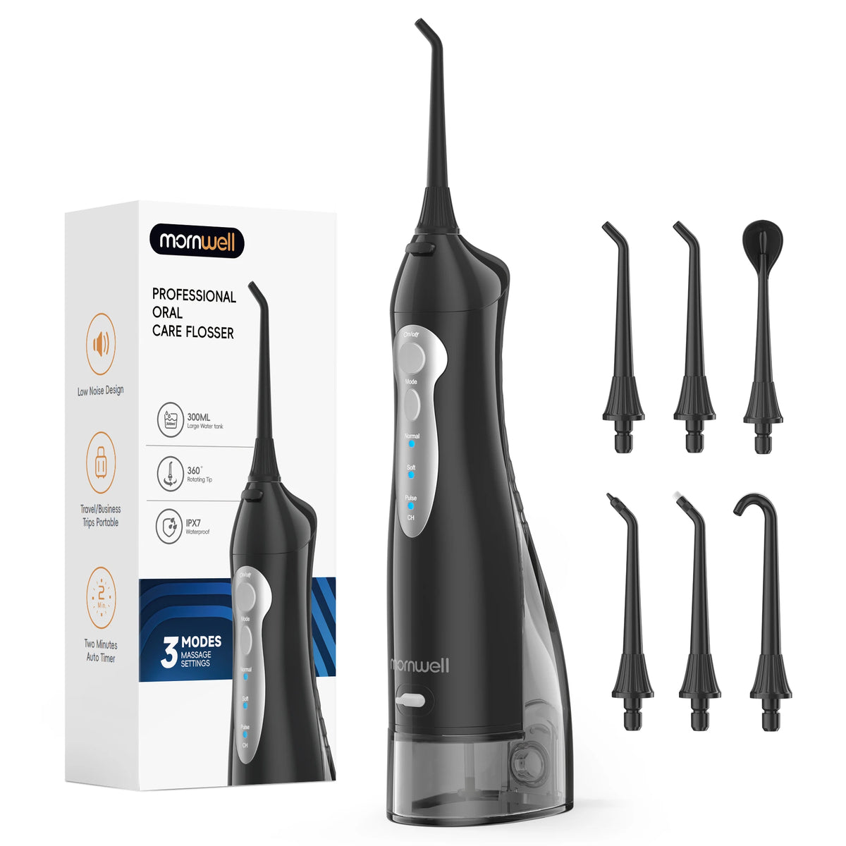 A black portable oral care flosser with a long tip is shown next to its packaging and several replacement tips.