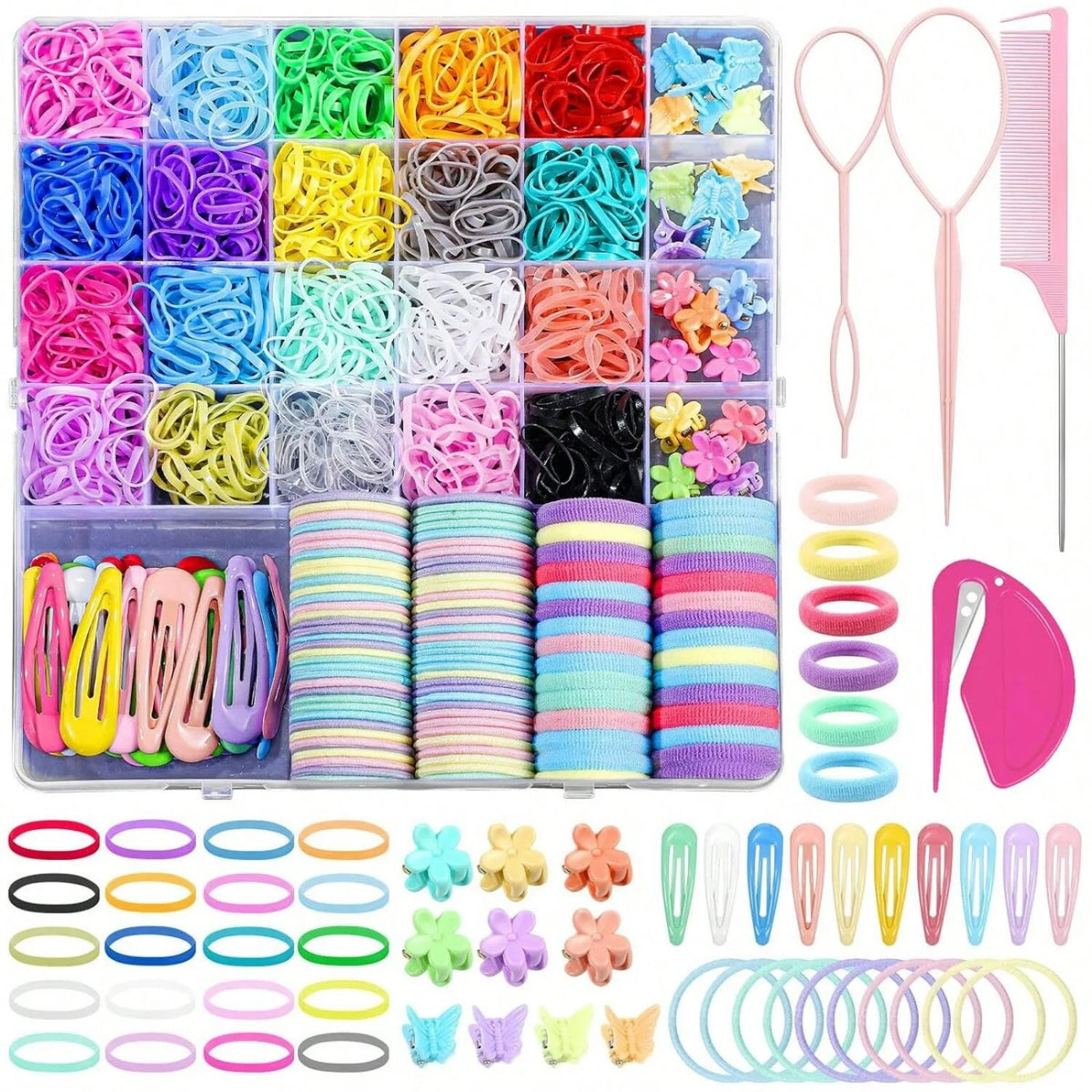A large assortment of colorful elastic hair ties and accessories for kids, including various colors and styles.
