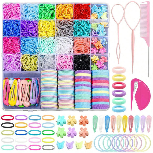A large assortment of colorful elastic hair ties and accessories for kids, including various colors and styles.