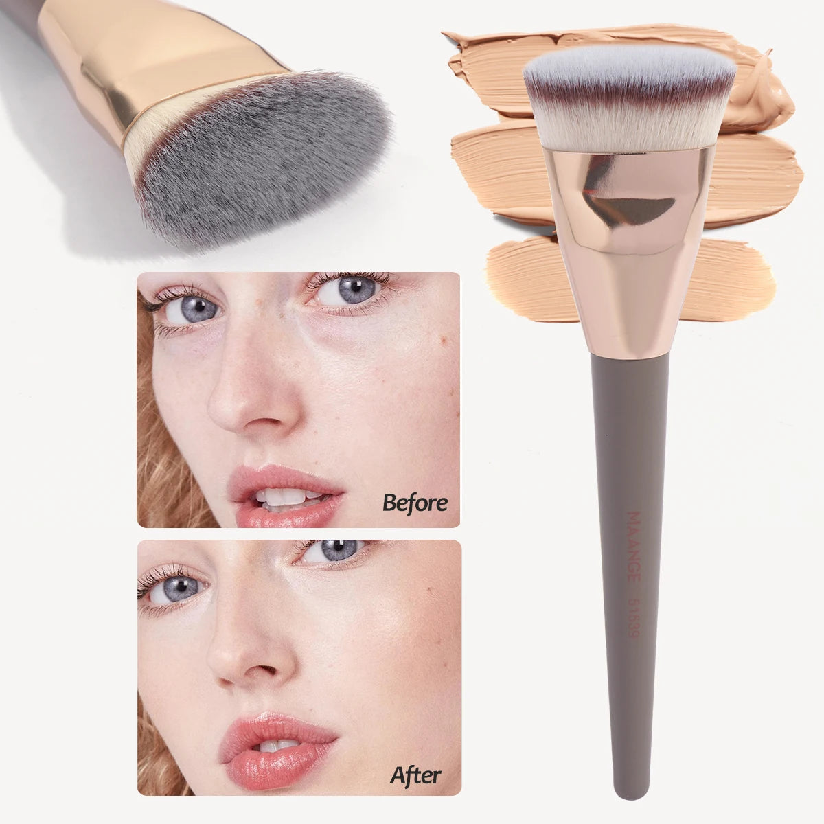 A professional flat kabuki foundation brush shown with before and after makeup application results.