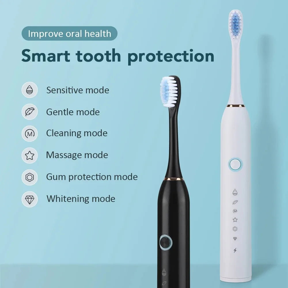 A white and black intelligent sonic electric toothbrush with multiple modes shown next to a brush head.