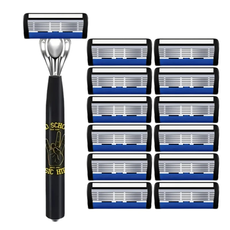 A stainless steel multi-blade safety razor with multiple shaving heads displayed in a grid.