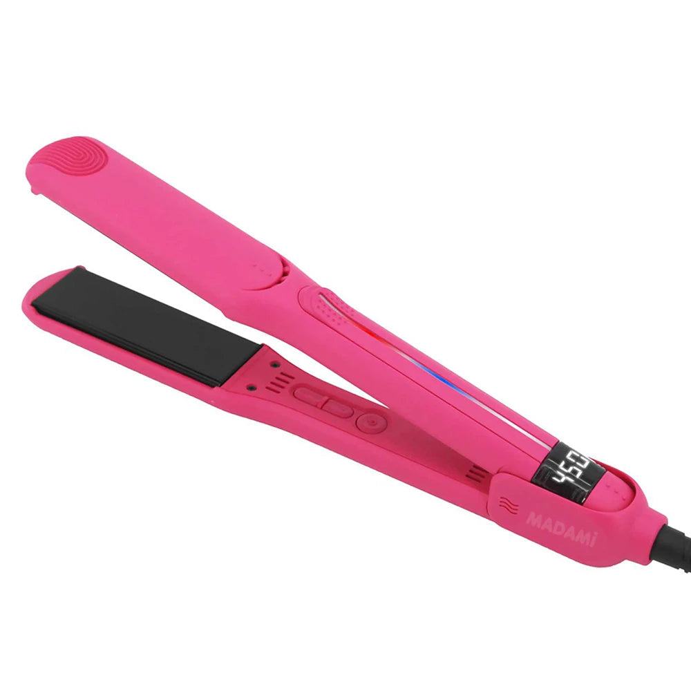 A pink professional infrared hair straightener and curler tool.