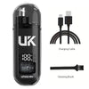 A black portable electric nose ear hair trimmer with a charging cable and cleaning brush.