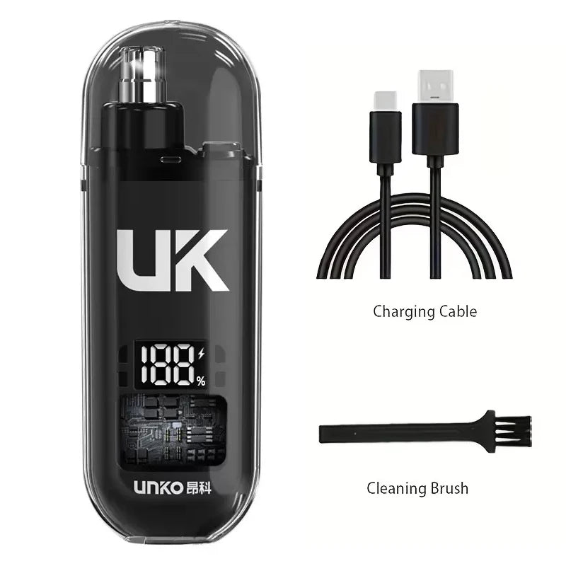 A black portable electric nose ear hair trimmer with a charging cable and cleaning brush.