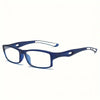 A pair of blue rectangular anti-blue light reading glasses with dark blue frames.