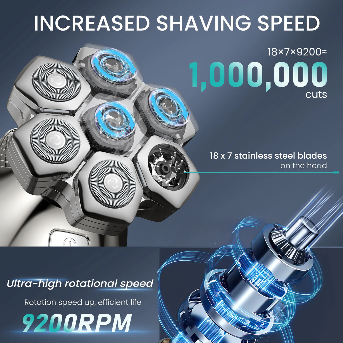 Close-up view of a silver electric shaver head showing multiple stainless steel blades and rotating mechanism.