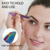 A woman holds a purple precision stainless steel eyebrow trimming set near her eye, demonstrating its easy to hold and use fe