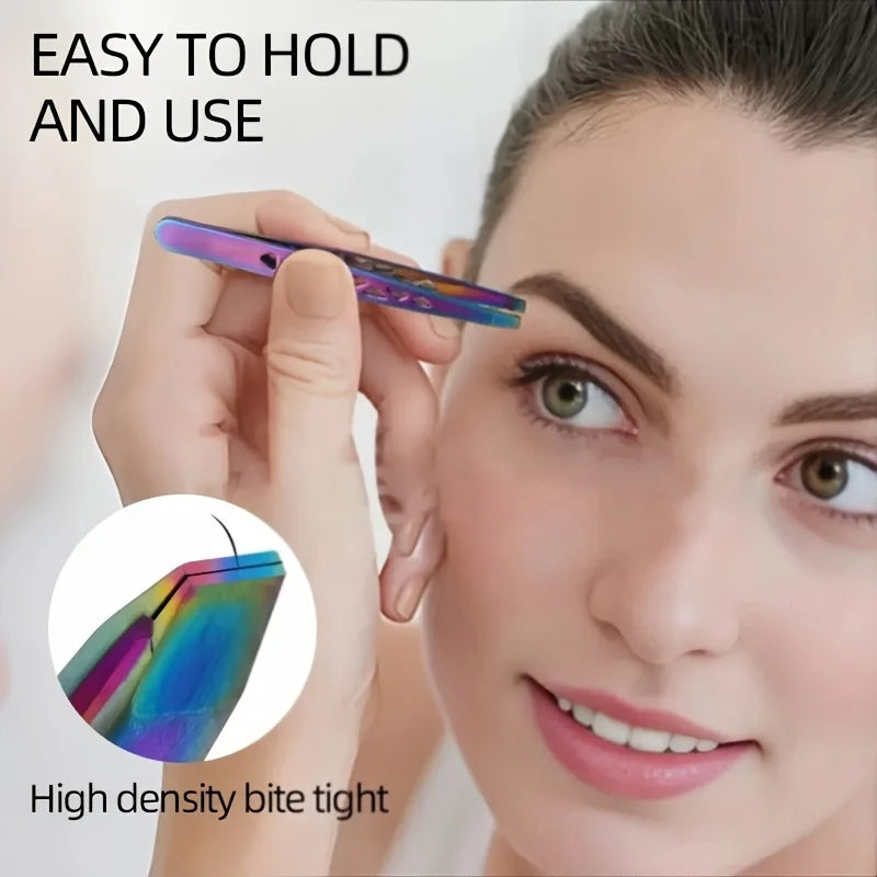A woman holds a purple precision stainless steel eyebrow trimming set near her eye, demonstrating its easy to hold and use fe