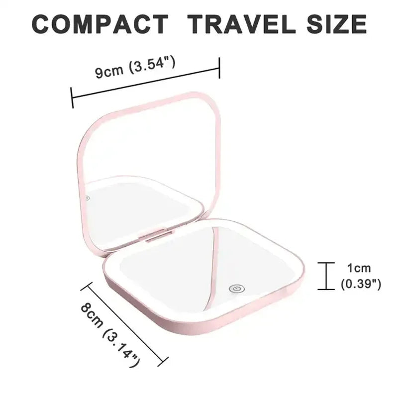 Miroir de toilette pliable compact avec lumière LED intégrée, vue de profil avec dimensions indiquées.