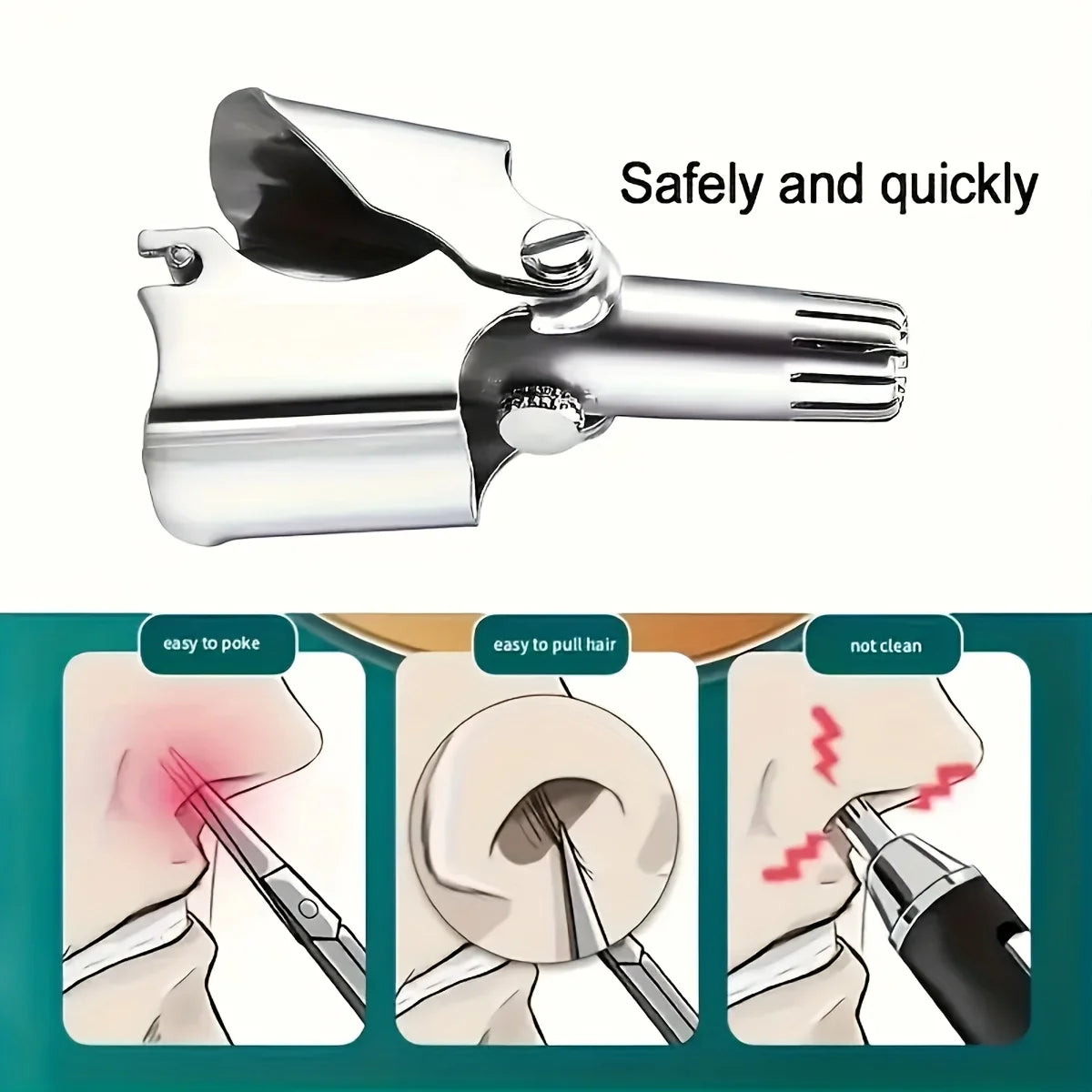 A portable stainless steel nose and ear hair trimmer shown with close-up usage examples.