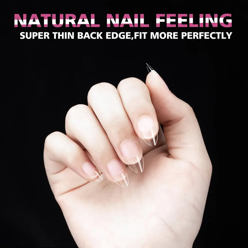 Close-up of a hand displaying natural nail feeling press-on fake nails with a thin back edge.