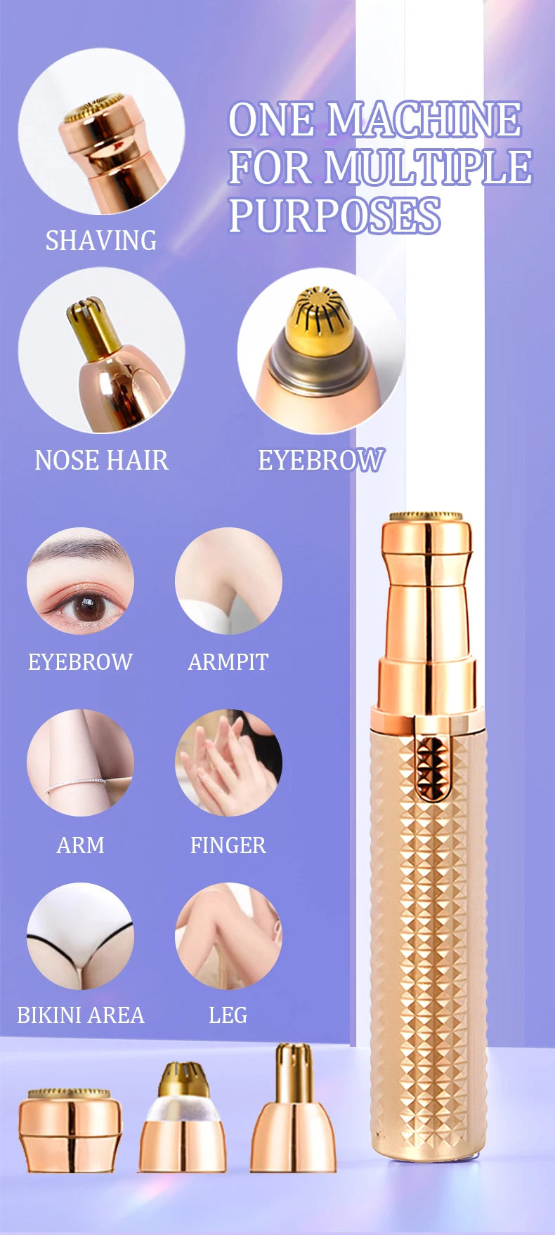 A gold-colored electric facial and body hair remover device shown with various attachments for shaving, nose hair, eyebrow, a