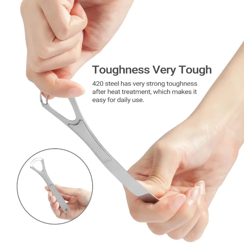 A hand holds a stainless steel tongue scraper demonstrating its toughness for daily oral hygiene use.