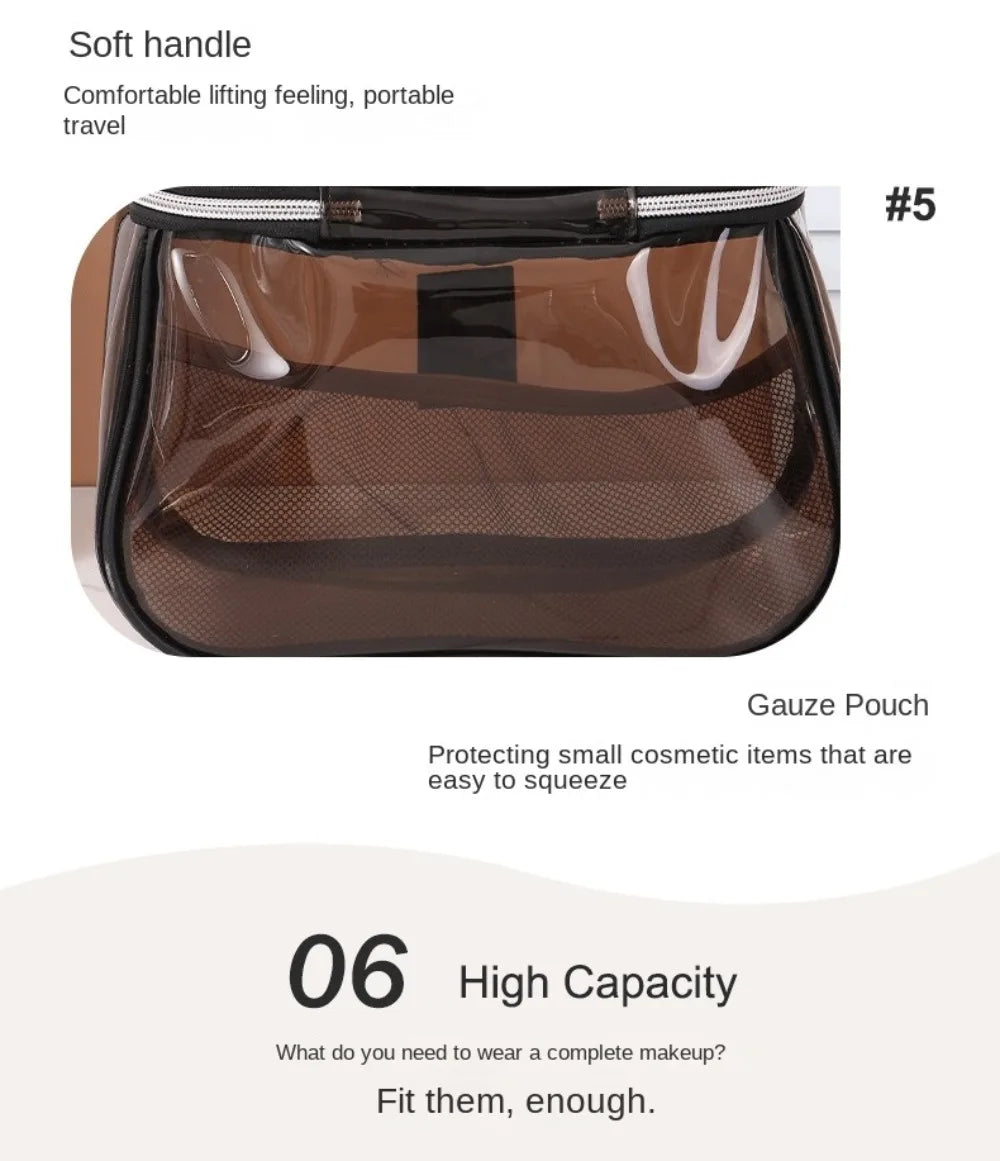 A brown clear PVC cosmetic pouch with a zipper, designed for protecting small items.