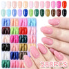 A variety of glossy press-on nails in 24 colors are displayed on a hand, showing different shapes and shades.