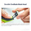 Eine Hand hält den Klingenkopf eines grünen und schwarzen Elektroschneiders, der die robuste OneBlade-Klinge demonstriert.