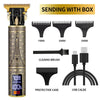A professional electric hair clipper set including a body, cleaning brush, protective case, and USB cable.