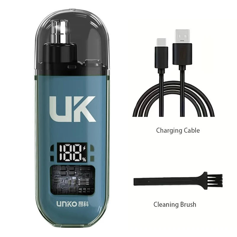 A portable electric nose ear hair trimmer in a sleek, dark blue casing with a digital display and accessories.