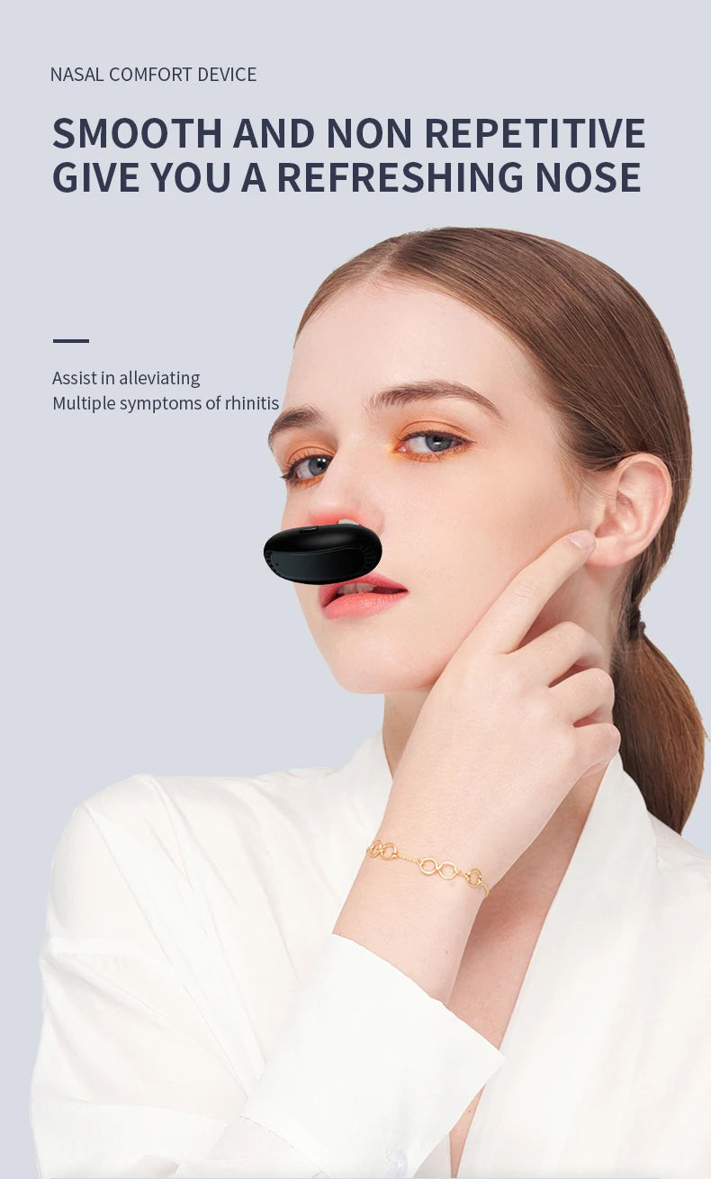 A woman is shown using a nasal comfort device for congestion relief.