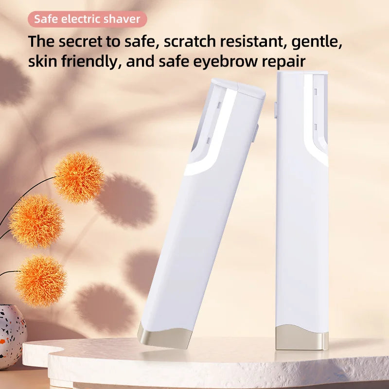 A white sonic dermaplaning tool is shown next to its charging base on a light surface.
