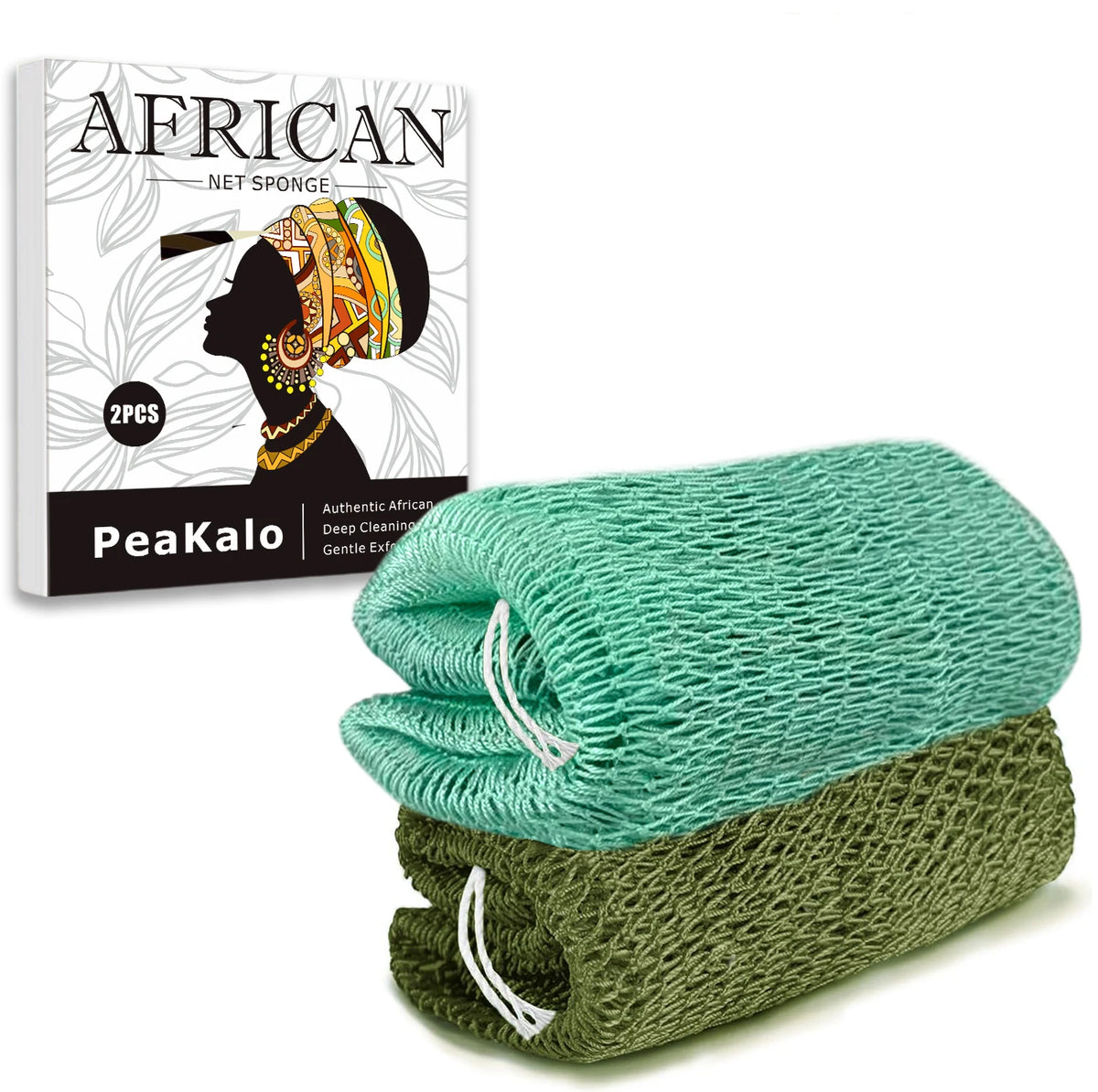A green exfoliating loofah sponge is shown next to its packaging featuring an African-inspired design.