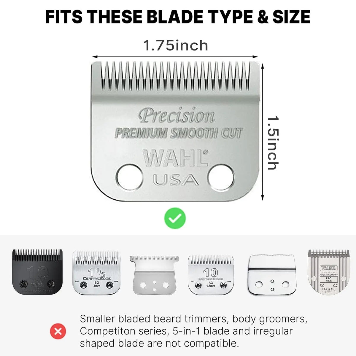 Guide showing compatibility for a 1.75 inch Precision Premium Smooth Cut Wahl USA blade type and size.