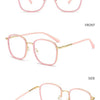Pink metal-framed oversized square reading glasses shown from front, side, and back views.