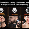 A set of four grooming tools including a V-shaped body trimmer, U-shaped beard trimmer, hair clipper, and a beard shaver show