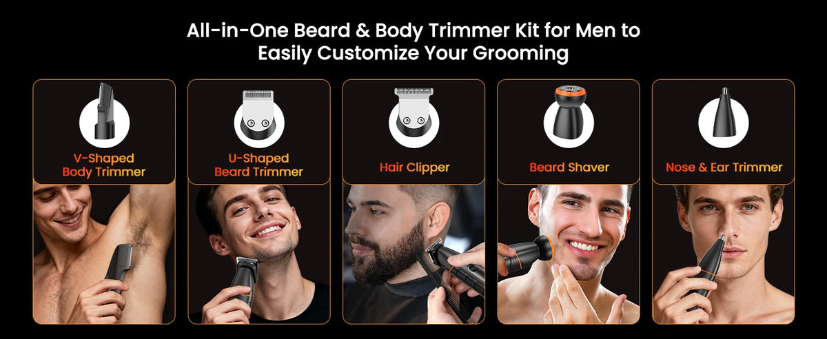 A set of four grooming tools including a V-shaped body trimmer, U-shaped beard trimmer, hair clipper, and a beard shaver show