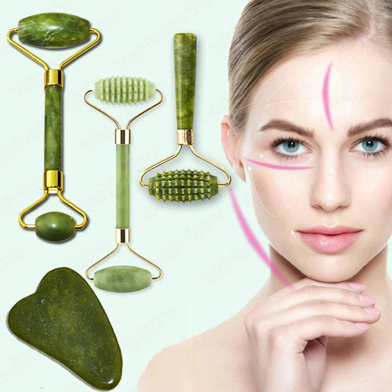 Jade Gua Sha facial massager and skin scraper tools with green and gold handles displayed next to a woman's face