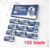 Eine Box mit 10 Packungen von 10 Klingen für ein Super Platinum Edelstahl-Rasierer-Set.
