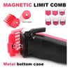 A red magnetic limit comb set and a black metal bottom case for a professional cordless hair trimmer kit.