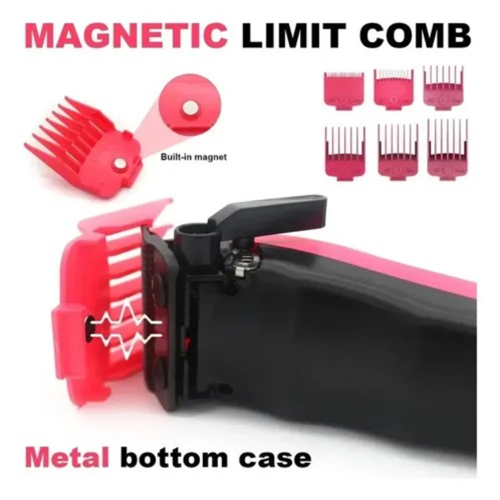A red magnetic limit comb set and a black metal bottom case for a professional cordless hair trimmer kit.