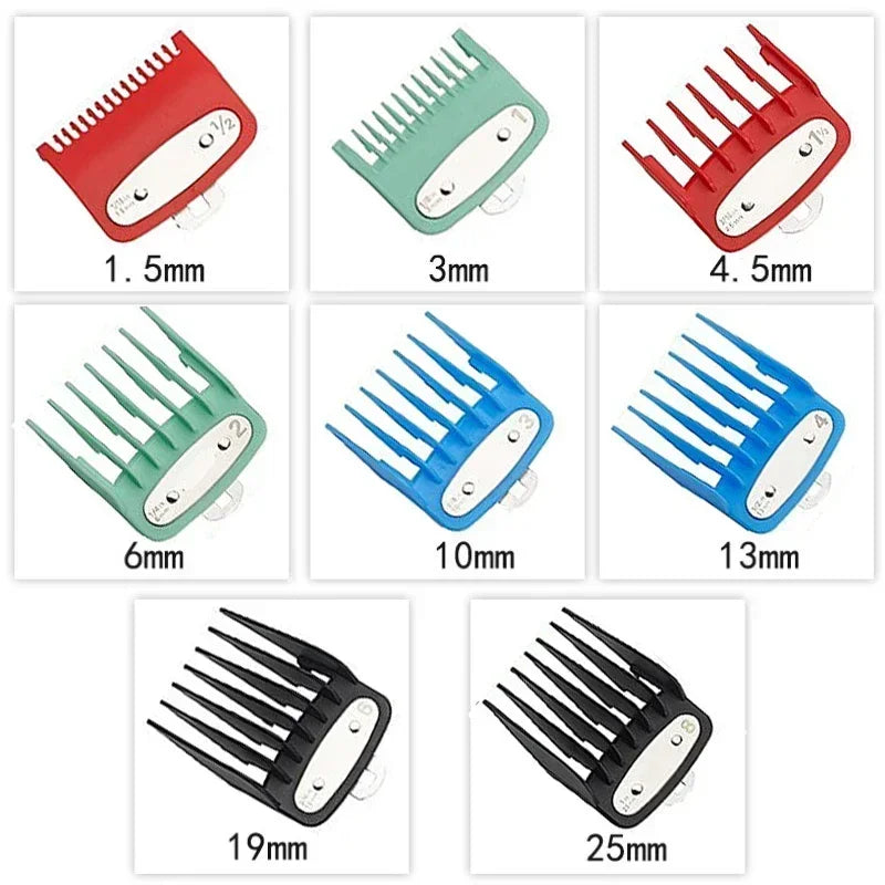 A collection of professional cordless hair trimmers for men in various sizes and colors, ranging from 1.5mm to 25mm.