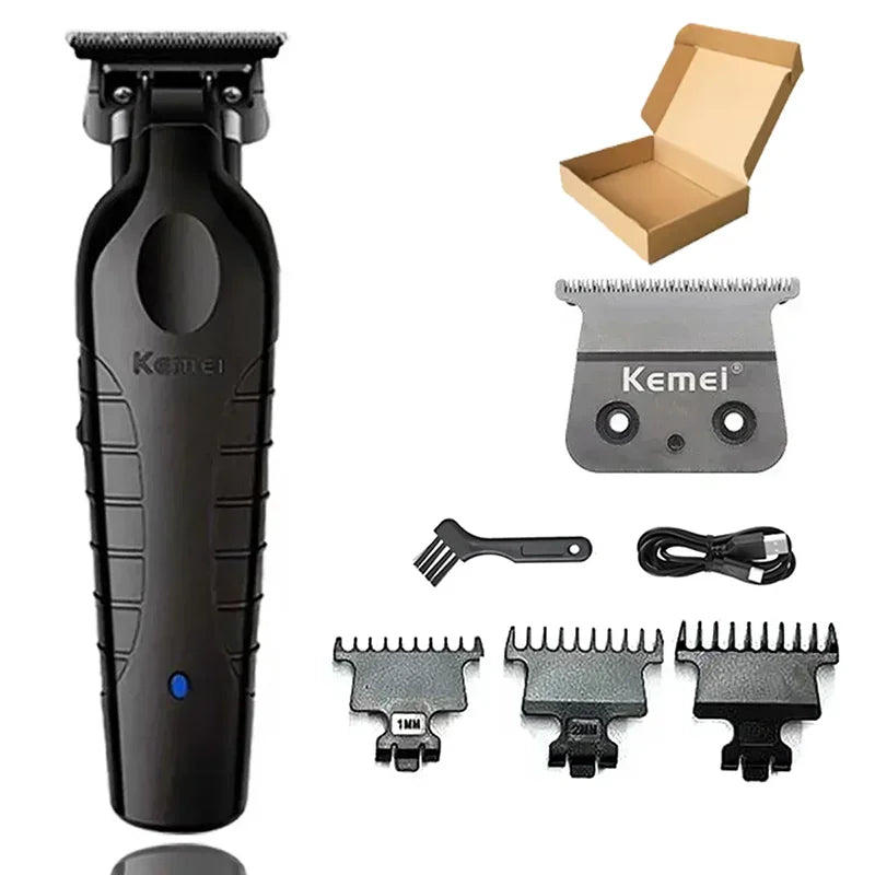 A black professional cordless hair clipper set including a body, charger, and various cutting combs.