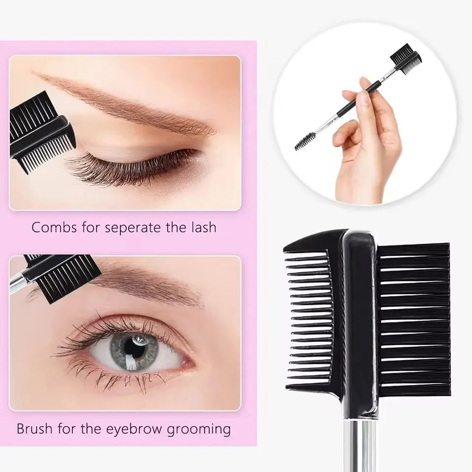 Un ensemble de recourbe-cils et un pinceau pour le maquillage des sourcils, en gros plan sur la peau.