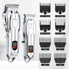 A set of professional cordless hair clipper trimmers with various guard attachments shown in a vertical arrangement.
