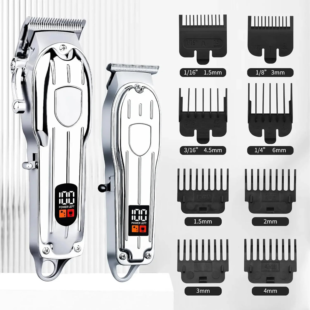 A set of professional cordless hair clipper trimmers with various guard attachments shown in a vertical arrangement.