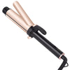 A professional ceramic curling iron in rose gold and black is shown angled against a white background.