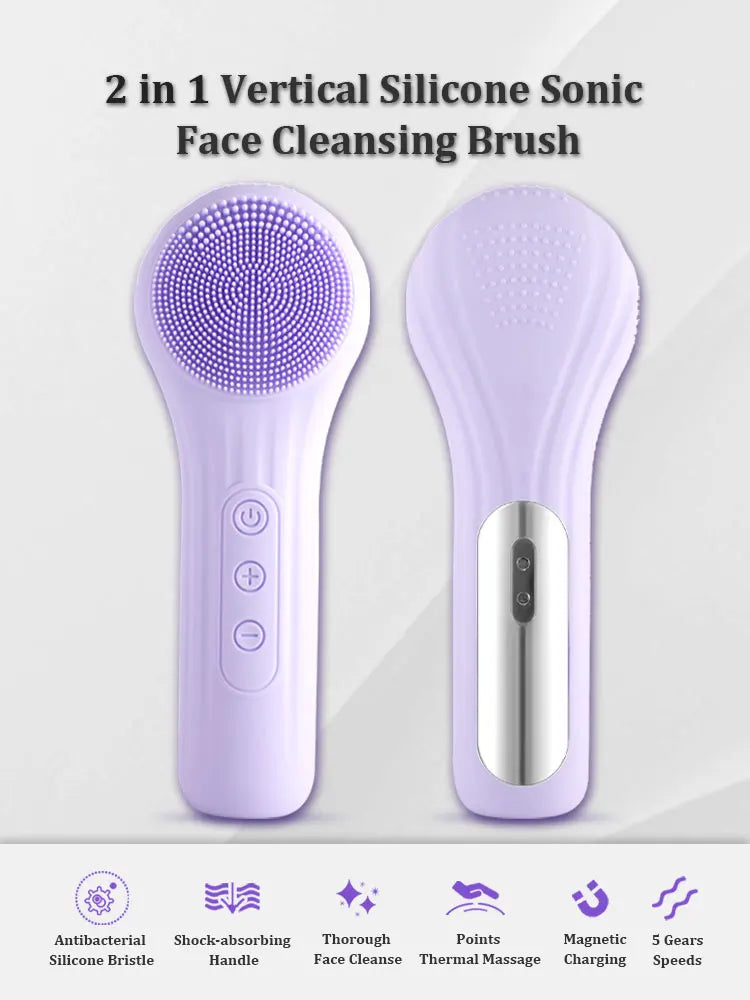 A pair of 2 in 1 vertical silicone sonic face cleansing brushes in purple and silver.