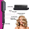 A black dual-purpose heated straightening and curling comb is shown next to its components and a woman using it on her hair.