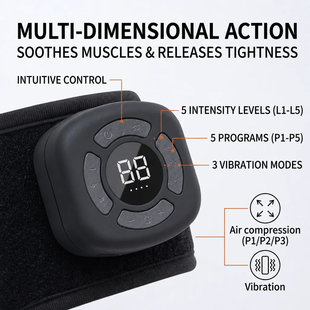 A black multi-dimensional action massager for muscles and tightness, shown with controls and vibration modes.