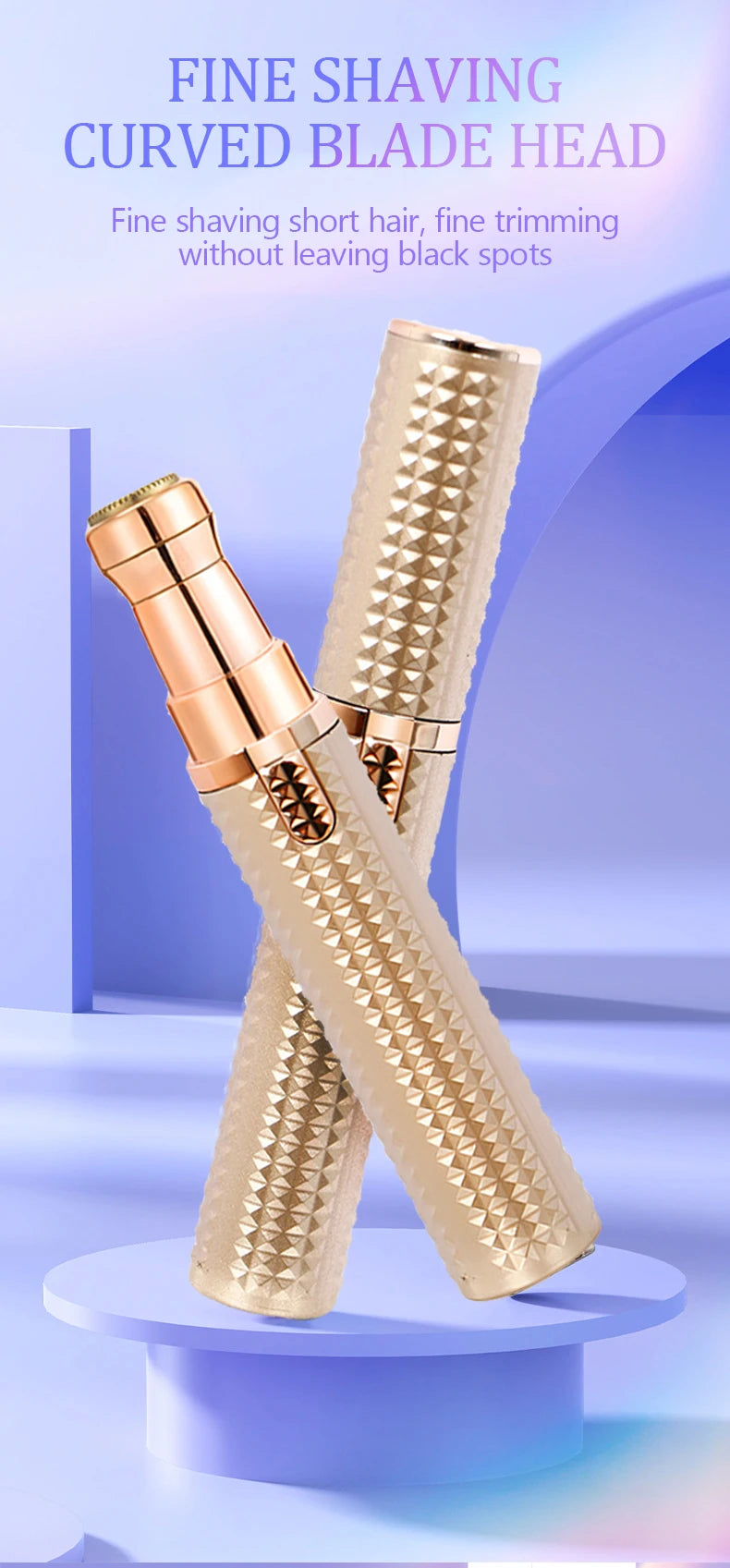 A close-up of a gold-colored fine shaving curved blade head for hair removal.