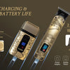 A gold-colored electric foil shaver is shown with charging cables and various power adapters, highlighting fast charging and 